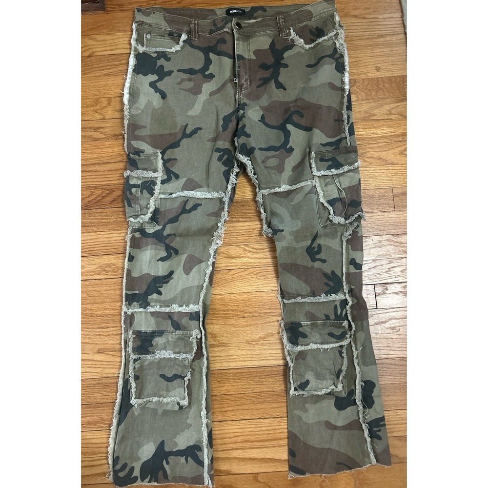 Nova Men Distressed Camo Cargo Pants Size 40 Raw Edge Patchwork Utility Trousers